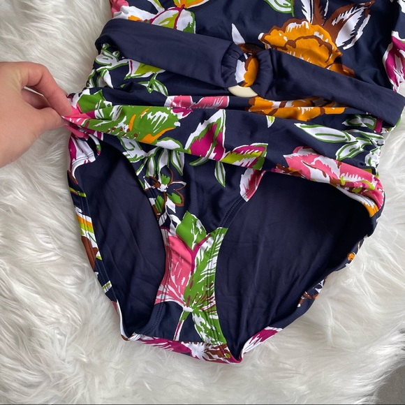 NWT Anne Cole Navy Blue Ring Belt Scoop Floral One Piece Swimsuit Large - Picture 6 of 9